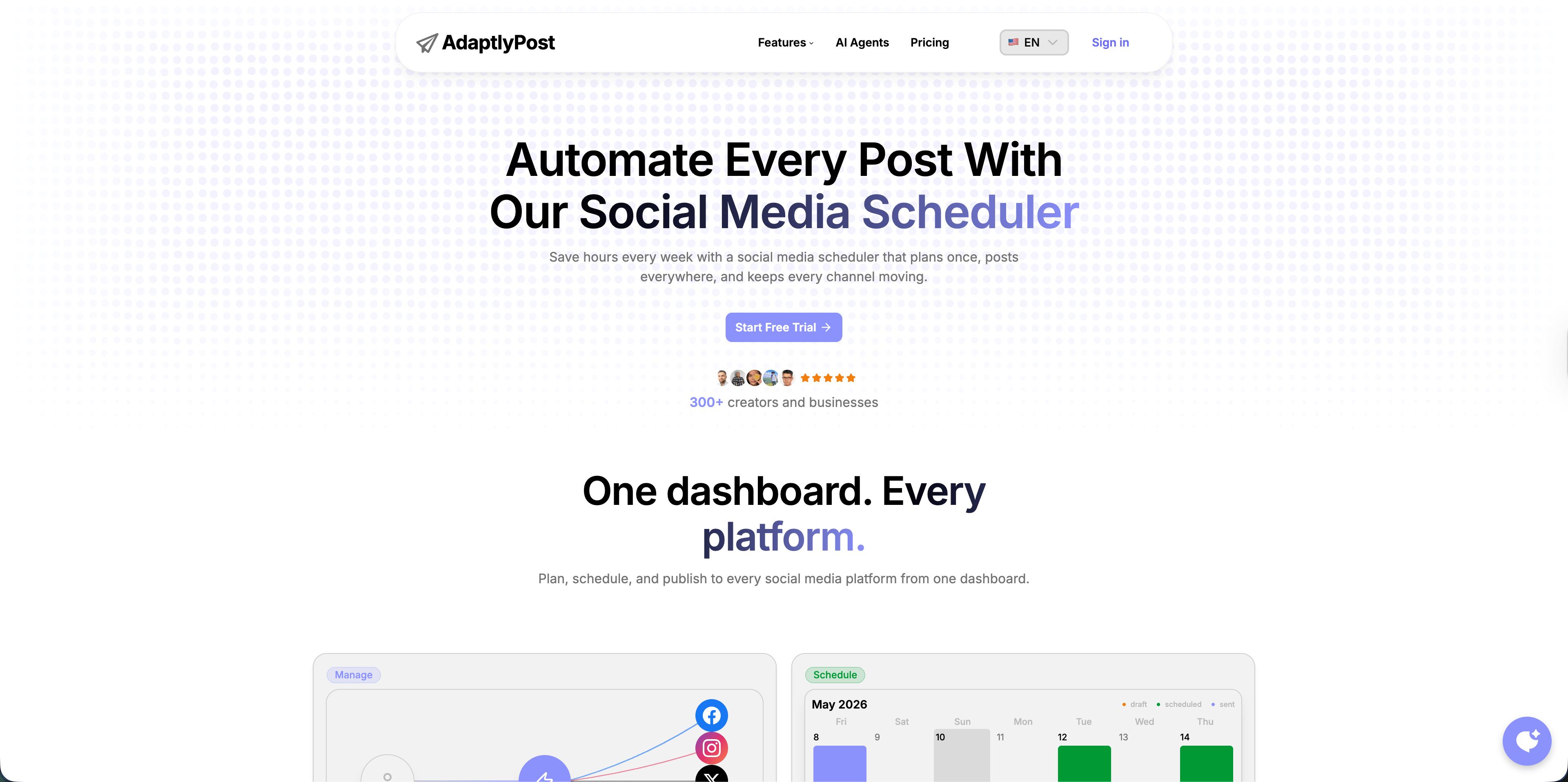 Panel de AdamtlyPost que muestra un calendario de contenido de plomería y publicaciones programadas