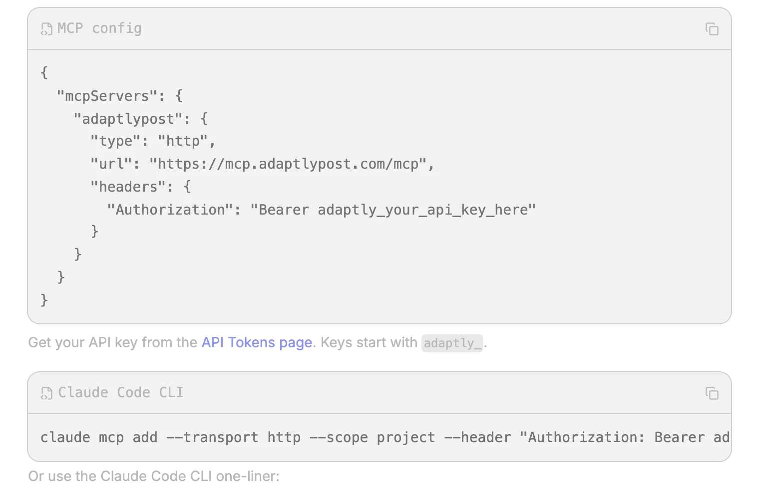 El bloque de configuración MCP de AdaptlyPost de la guía de configuración, mostrando la URL del servidor HTTP y la cabecera del token bearer