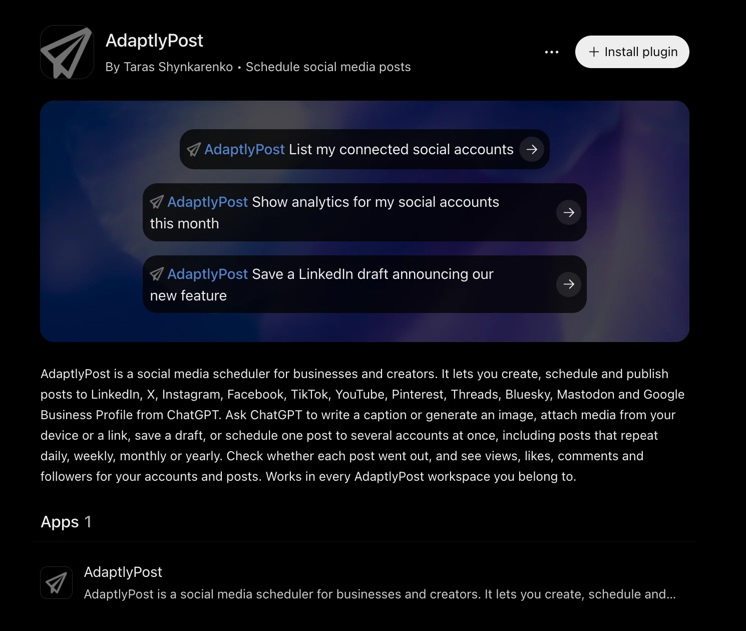 The AdaptlyPost plugin listing in ChatGPT, with the Install plugin button and three example prompts: list my connected social accounts, show analytics for my social accounts this month, and save a LinkedIn draft.