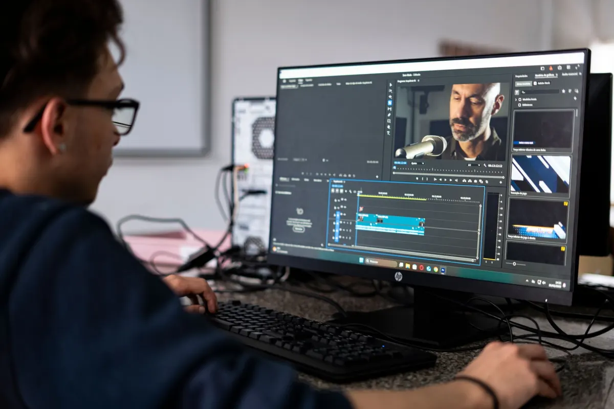 Un editor revisa material en un monitor, el tipo de control de calidad que un productor de contenido hace antes de publicar.