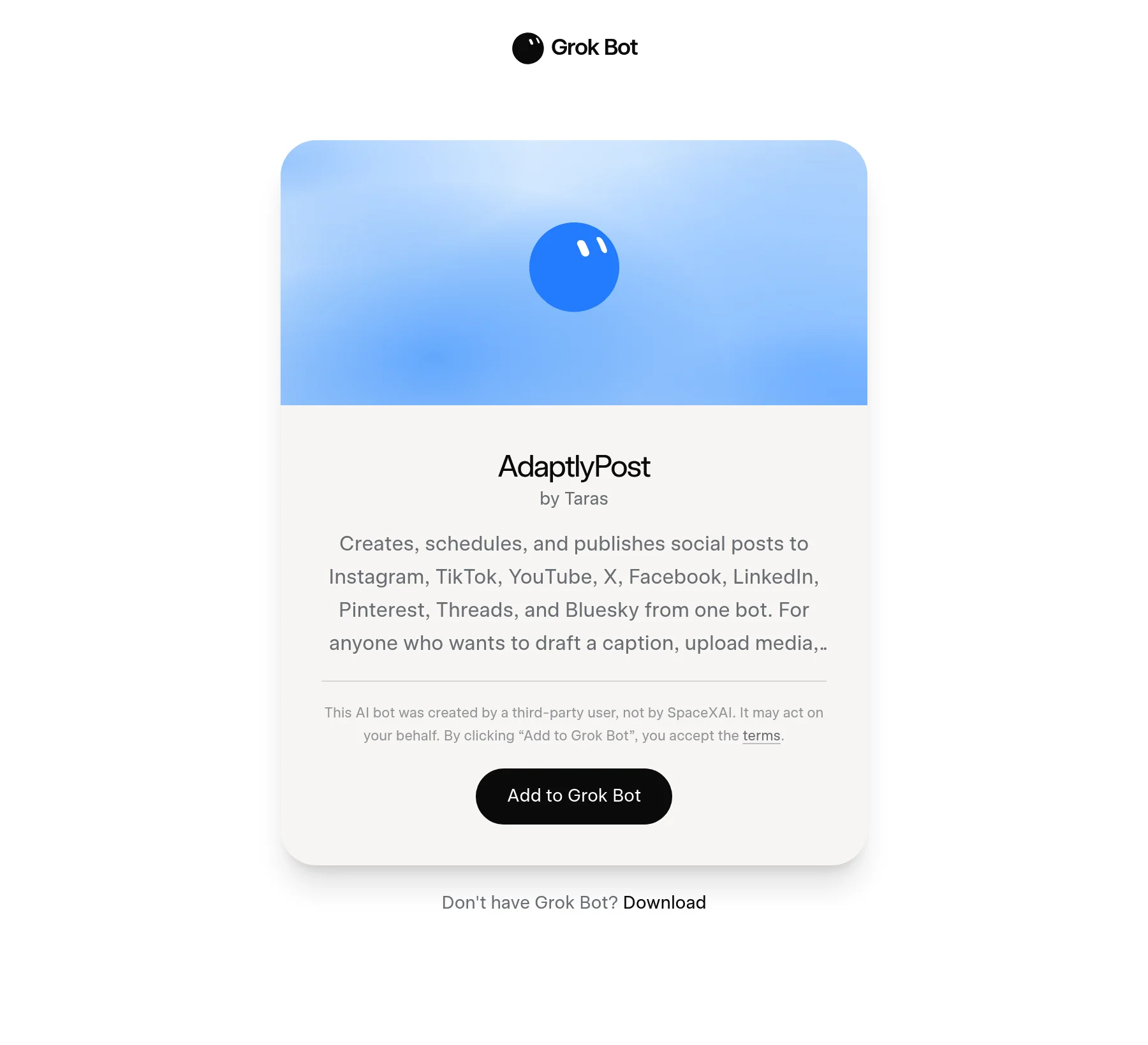 The AdaptlyPost Grok bot template share page on x.ai, showing the Add to Grok Bot button