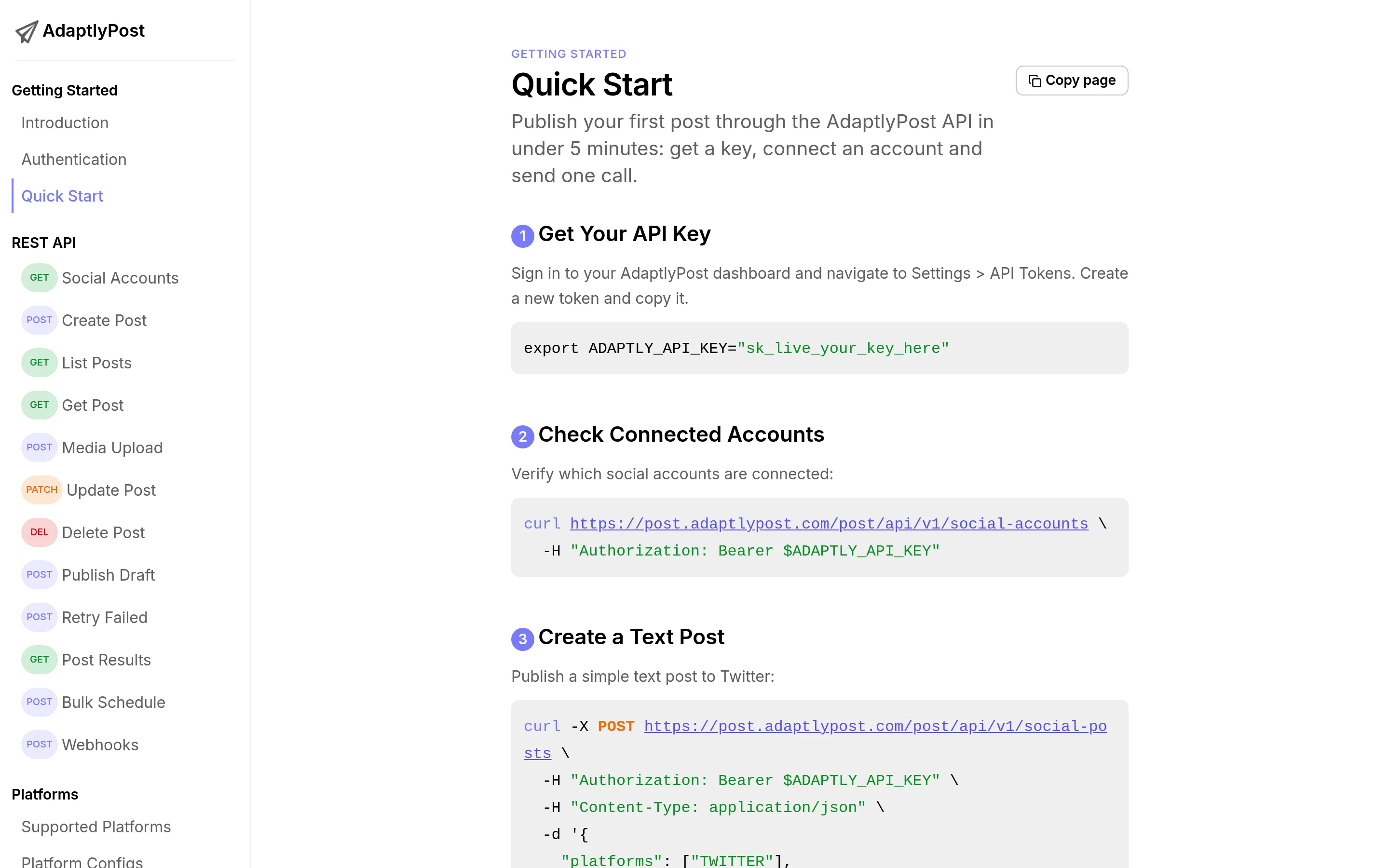The AdaptlyPost API quick start documentation showing how to create a token and call the social accounts endpoint