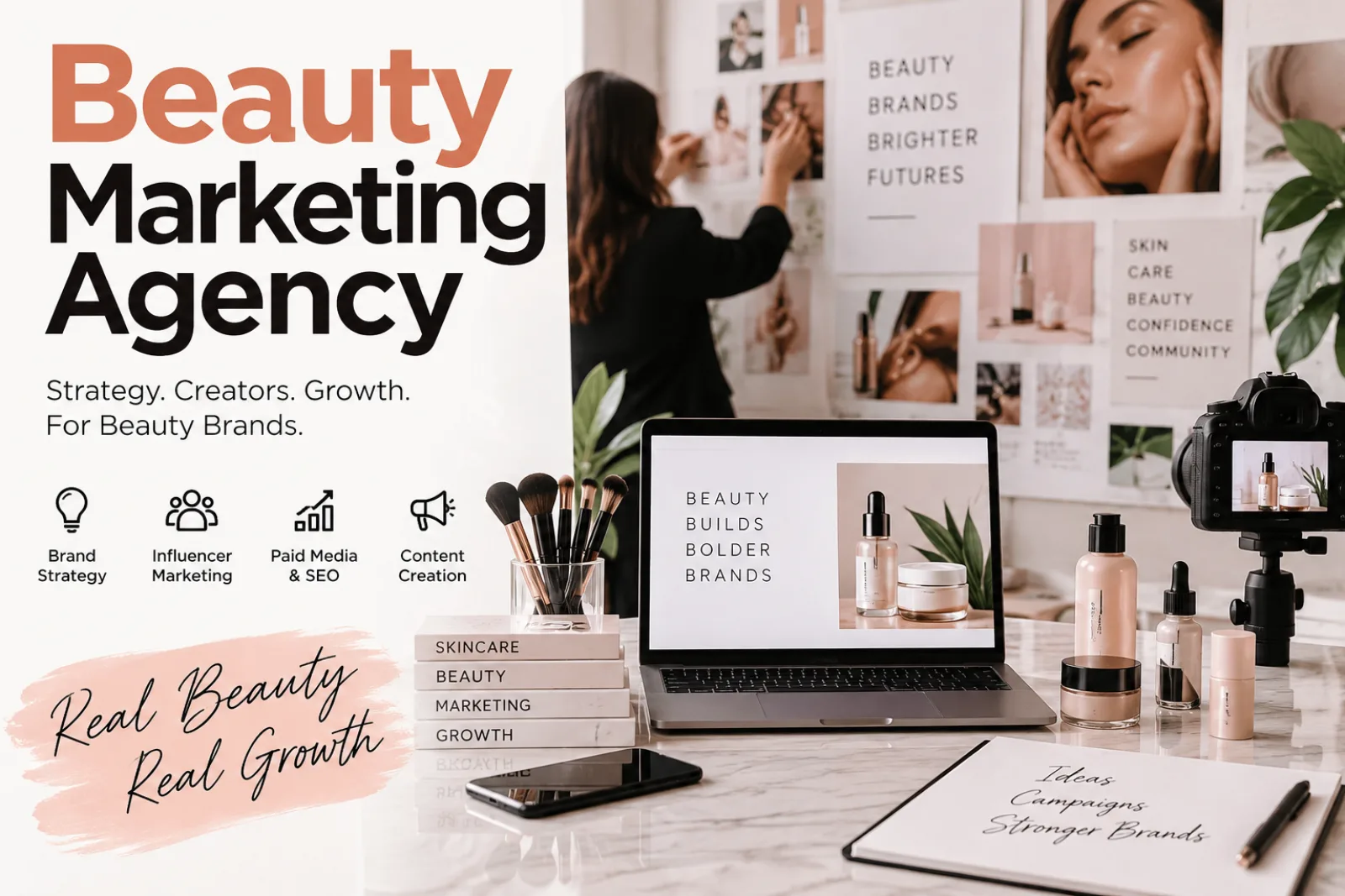 A beauty marketing team pins campaign visuals to a mood board next to a laptop, makeup brushes and skincare bottles.