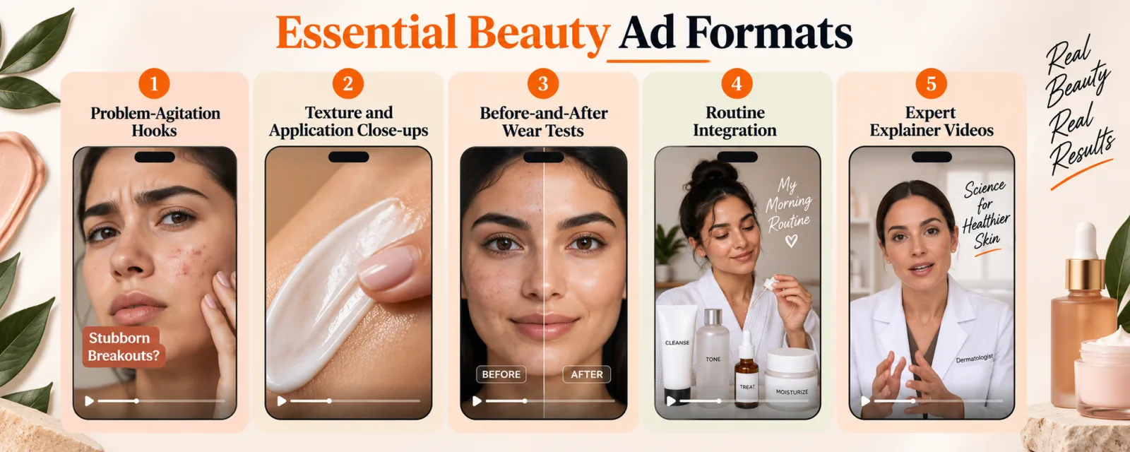 Five vertical video frames showing the core beauty ad formats: a problem hook, a texture close-up, a before-and-after test, a routine and a dermatologist explainer.