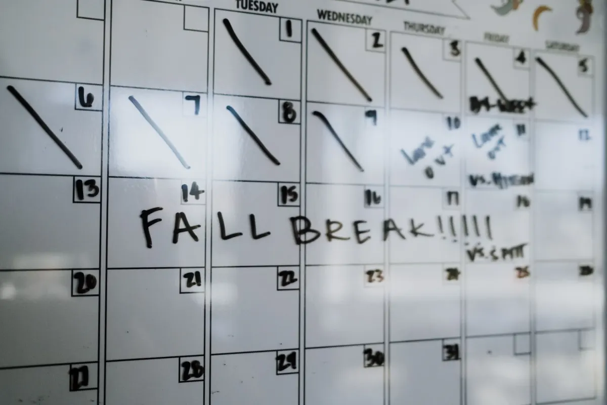 Ein kleines Team plant einen Wochenplan auf einem Whiteboard-Kalender, die Art von Planung, aus der eine thematische Posting-Routine entsteht.