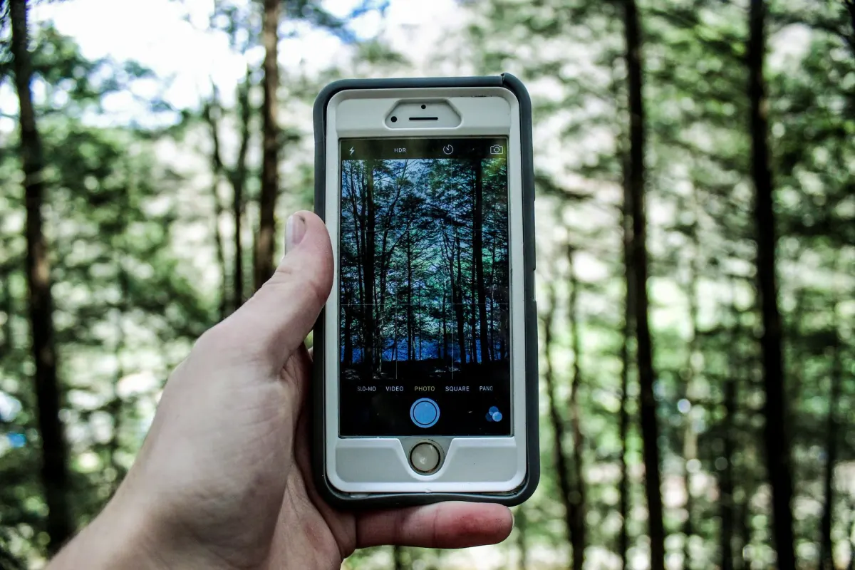 Une main tient un téléphone affichant une photo verticale, illustrant le ratio portrait 4:5 recommandé pour les slides de carrousel.
