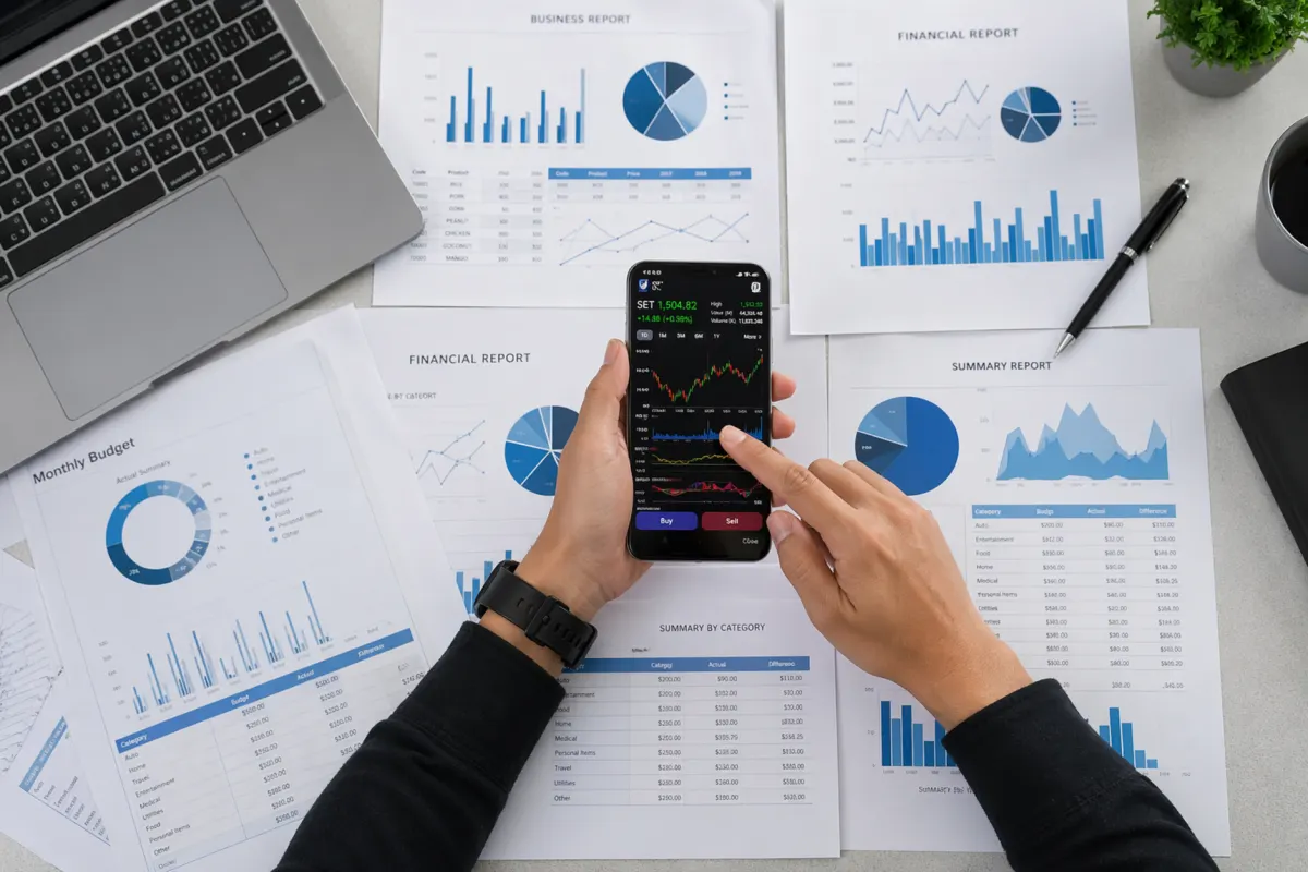 Une créatrice consulte des graphiques de performance sur son téléphone en préparant sa prochaine publication.
