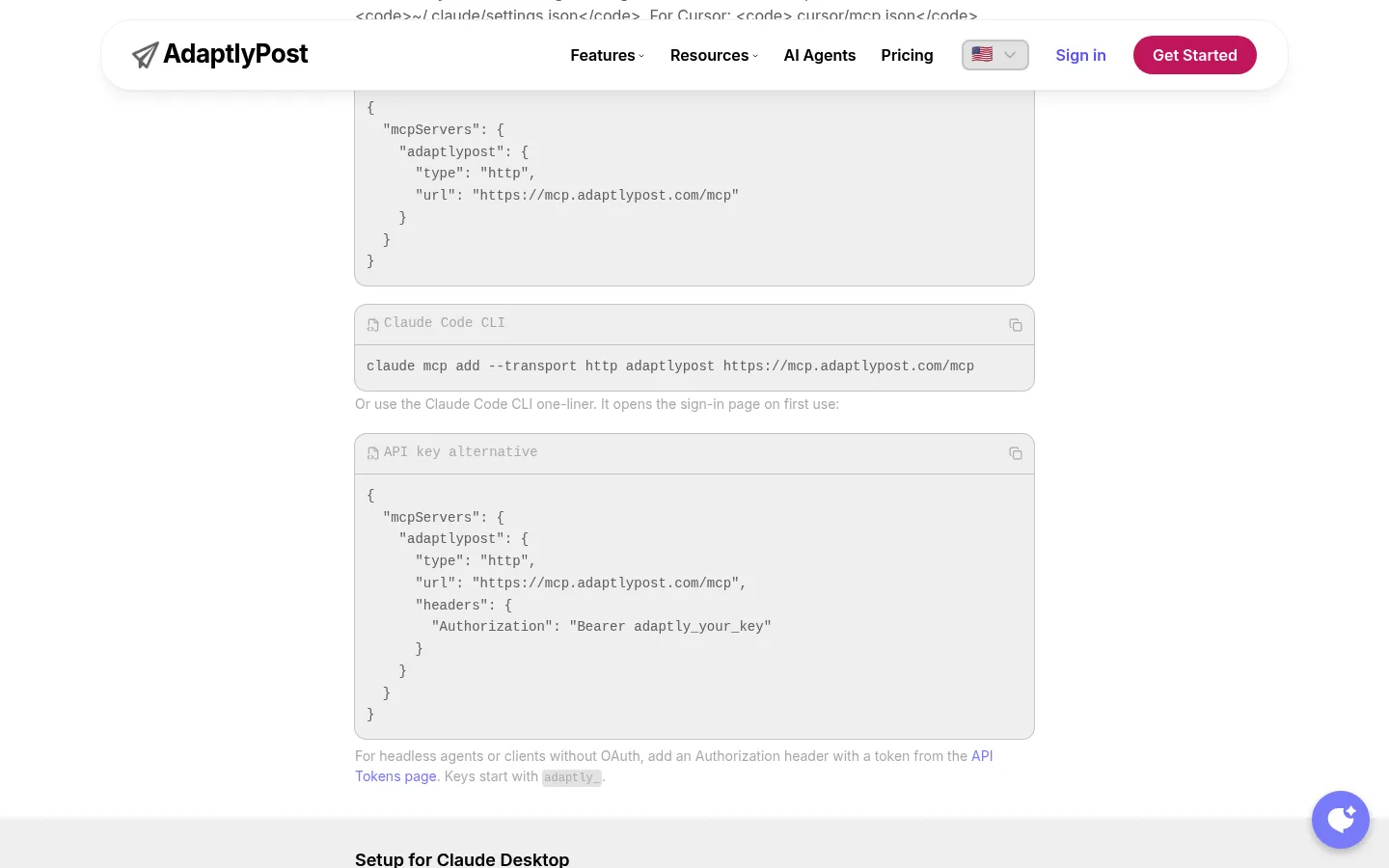 La página de configuración MCP de AdaptlyPost con el bloque de configuración mcp.json, el comando de Claude Code y la alternativa con clave API y el prefijo adaptly_.