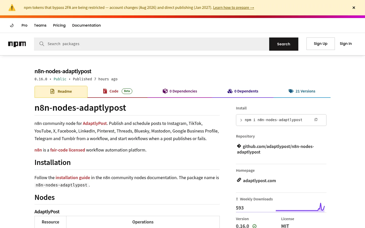The n8n-nodes-adaptlypost community node on npm, with its install command