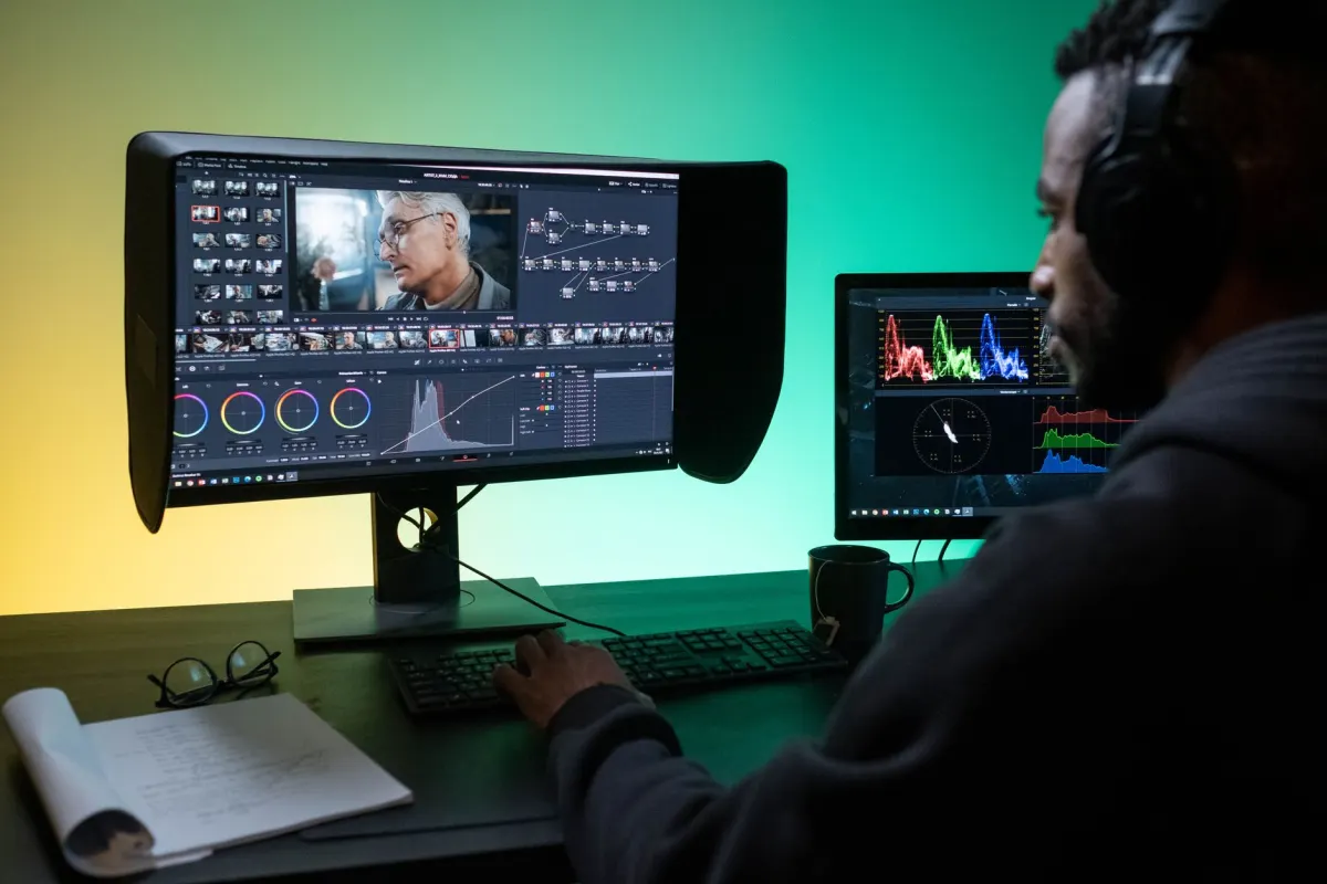 A video editor wearing headphones cuts a clip at a desk, the kind of hands-on editing a dot now does before you decide what to disclose.