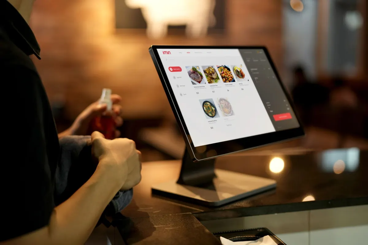 Un gerente de restaurante revisa una tablet en el comedor, la persona que conoce el salón pero rara vez tiene tiempo para planificar contenido.
