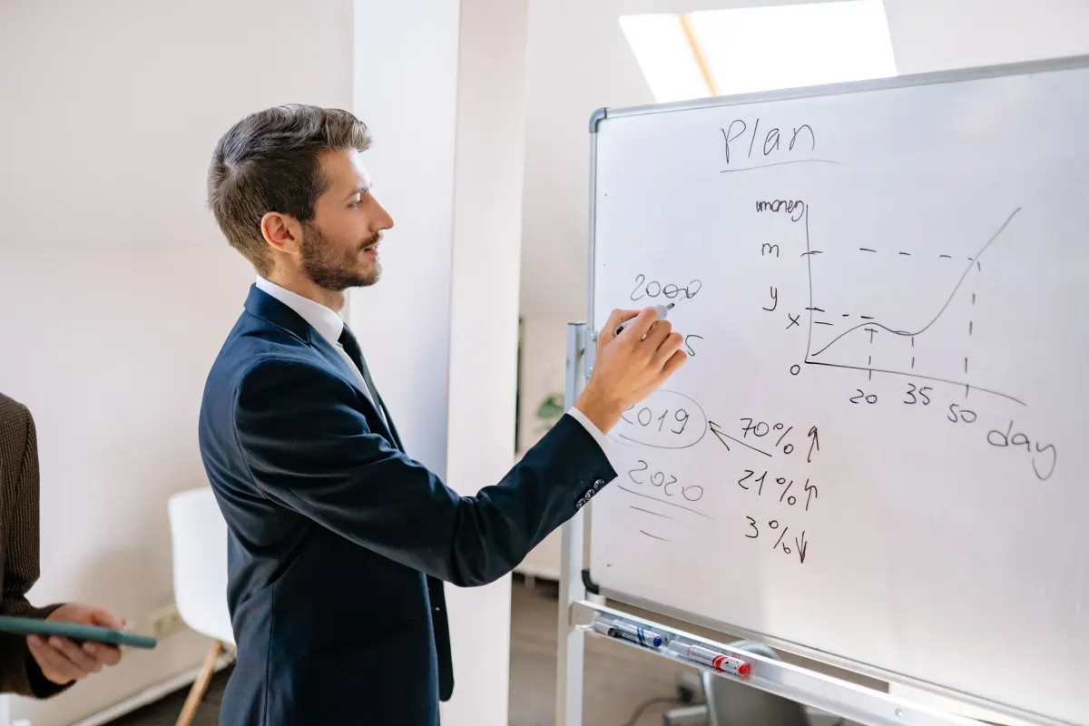 Zwei Marketer skizzieren einen Kampagnenplan auf einem Whiteboard, der markengetriebene Impuls, der einen Anstieg der Erwähnungen auslöst.