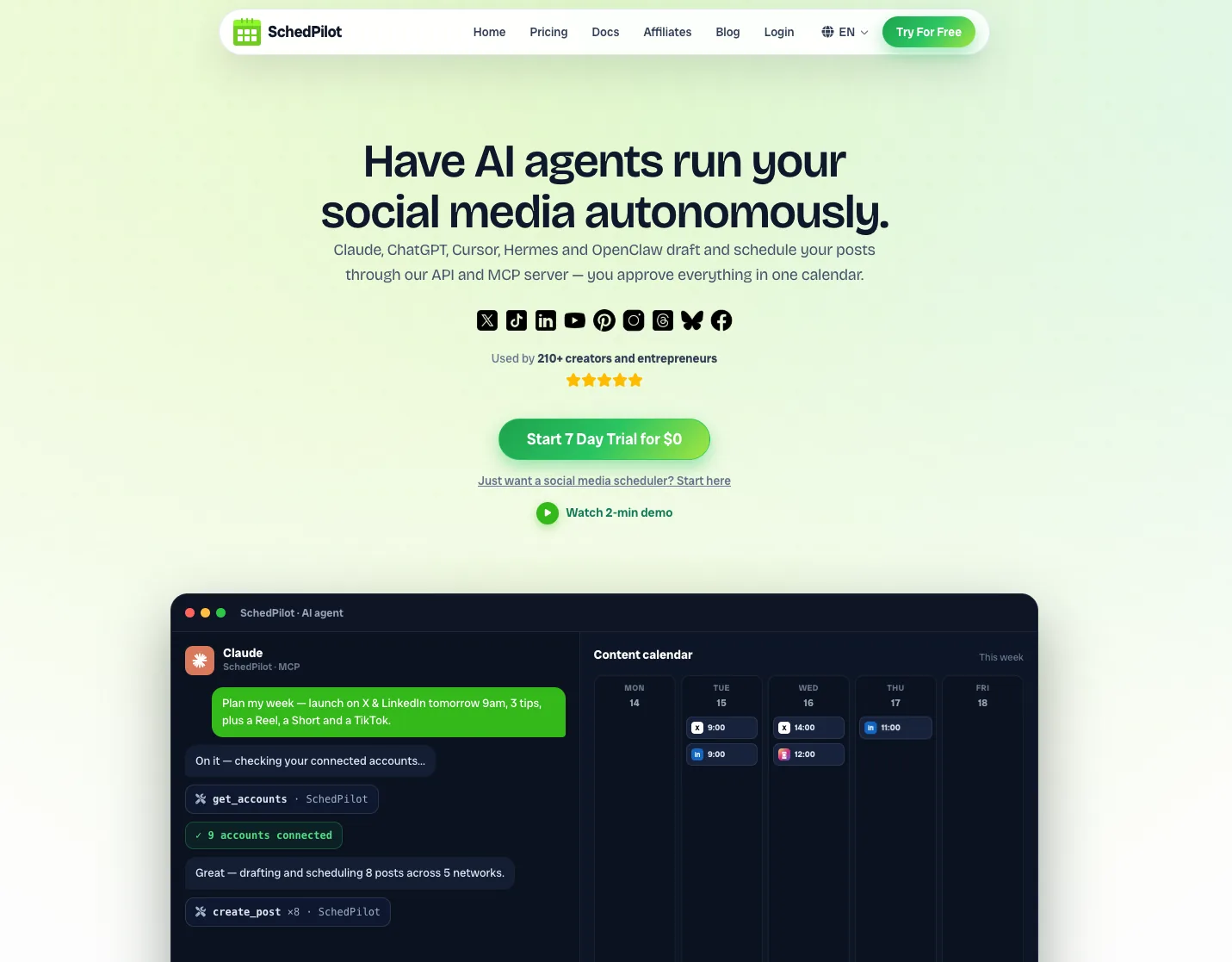 SchedPilot homepage showing Claude drafting and scheduling a week of posts through the MCP server into the SchedPilot content calendar
