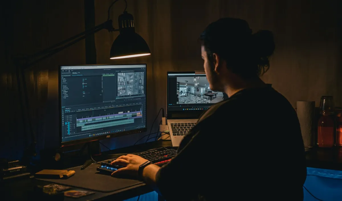 Un editor de video sube un archivo grande desde su laptop, una transferencia que puede tardar horas antes de la publicación programada en YouTube.