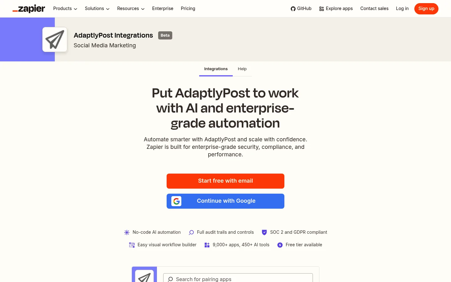 The AdaptlyPost integrations page on Zapier, where a Zap with AdaptlyPost starts