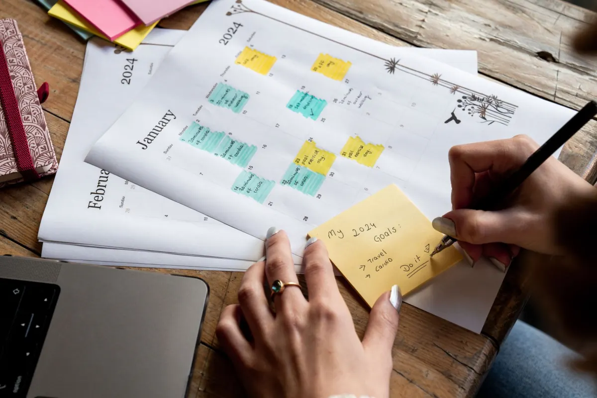 Un equipo coloca notas adhesivas en un calendario para planificar un cronograma de publicación.