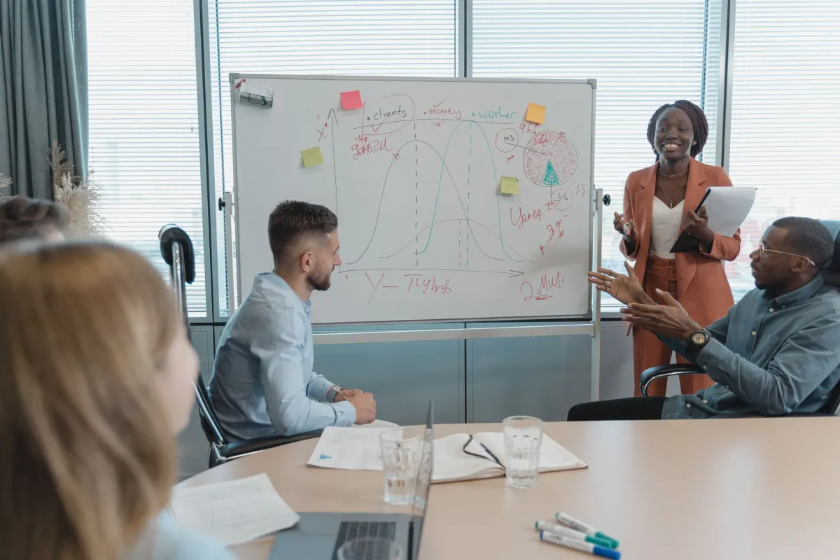 A team discusses an experiment hypothesis on a whiteboard before any code gets written.