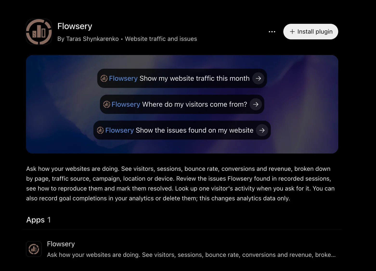 The Flowsery plugin listing in ChatGPT, with the Install plugin button and three example prompts: show my website traffic this month, where do my visitors come from, and show the issues found on my website.