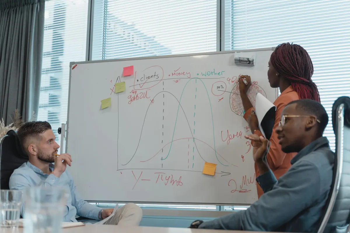 Une équipe marketing réunie autour d'un tableau blanc pour recouper ce que chacun sait du même client.