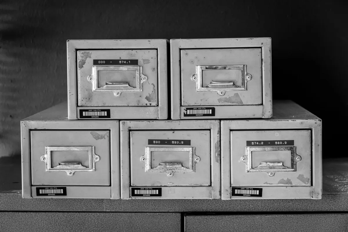Caixas de arquivo etiquetadas em uma prateleira, ilustrando como os dados podem ser organizados em níveis de retenção de curto e longo prazo.