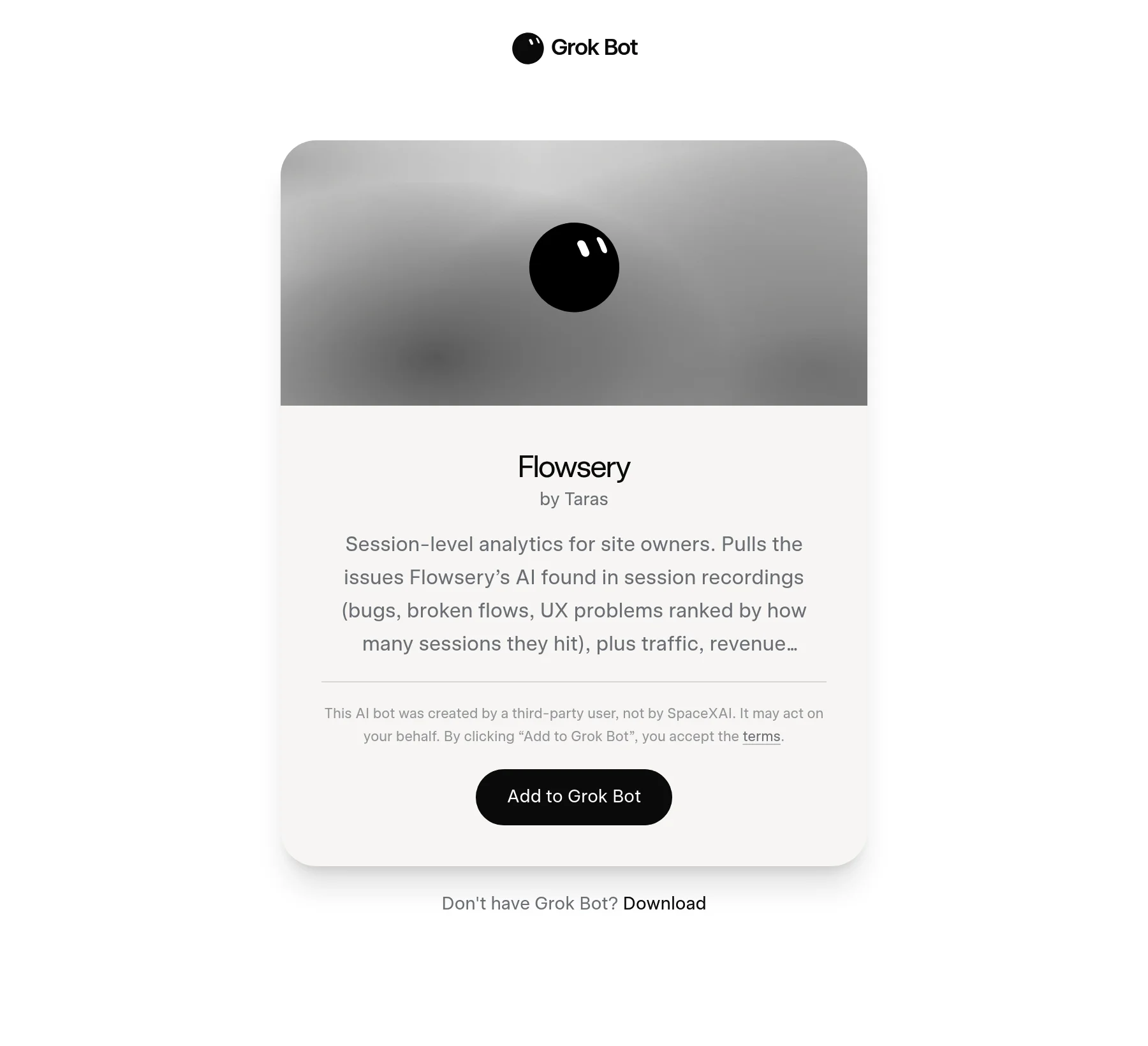 The Flowsery Grok bot template share page on x.ai with the Add to Grok Bot button
