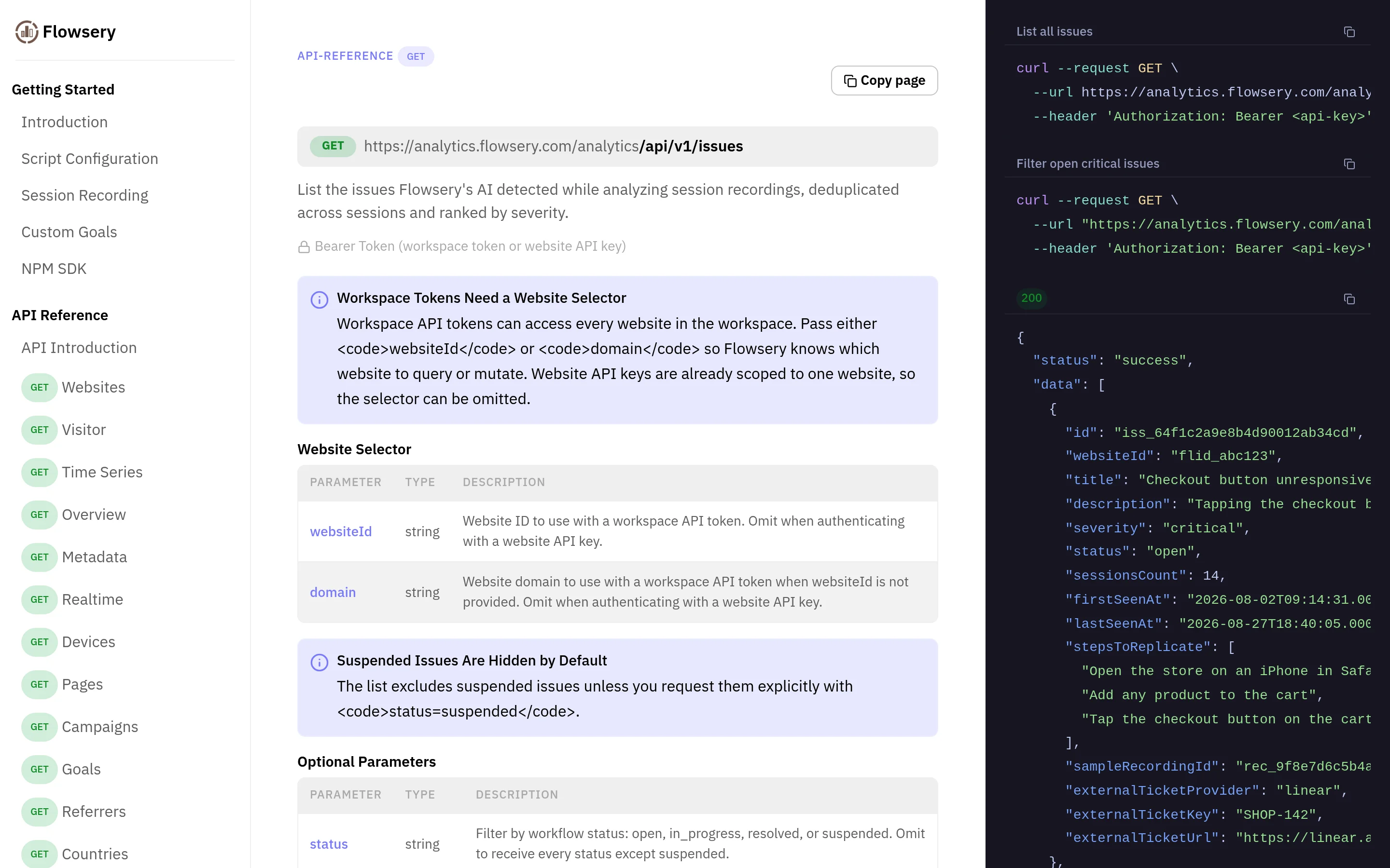 Flowsery API documentation for the list issues endpoint showing severity and sessions affected