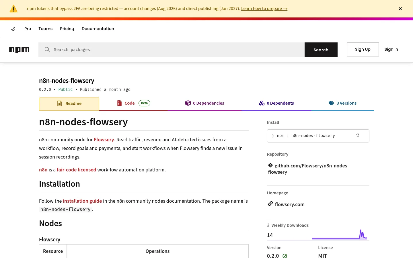 The n8n-nodes-flowsery community node on npm, with its install command