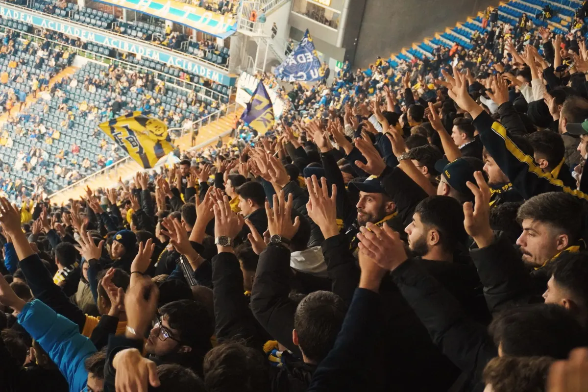 A packed stadium crowd where only a handful of fans stand out cheering, echoing how few community members drive most activity.