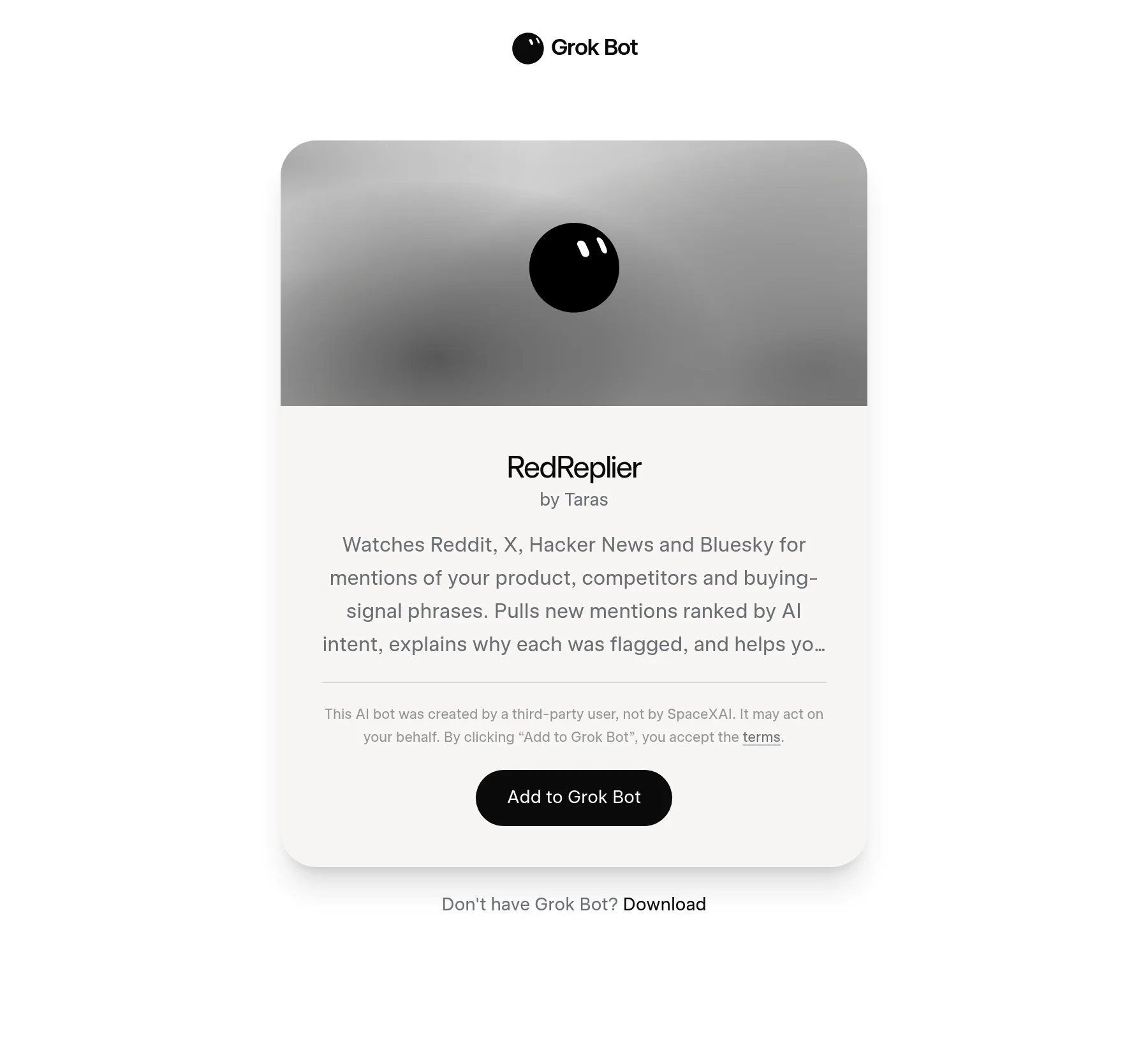 A página de compartilhamento do modelo de Grok Bot da RedReplier no x.ai com o botão Add to Grok Bot