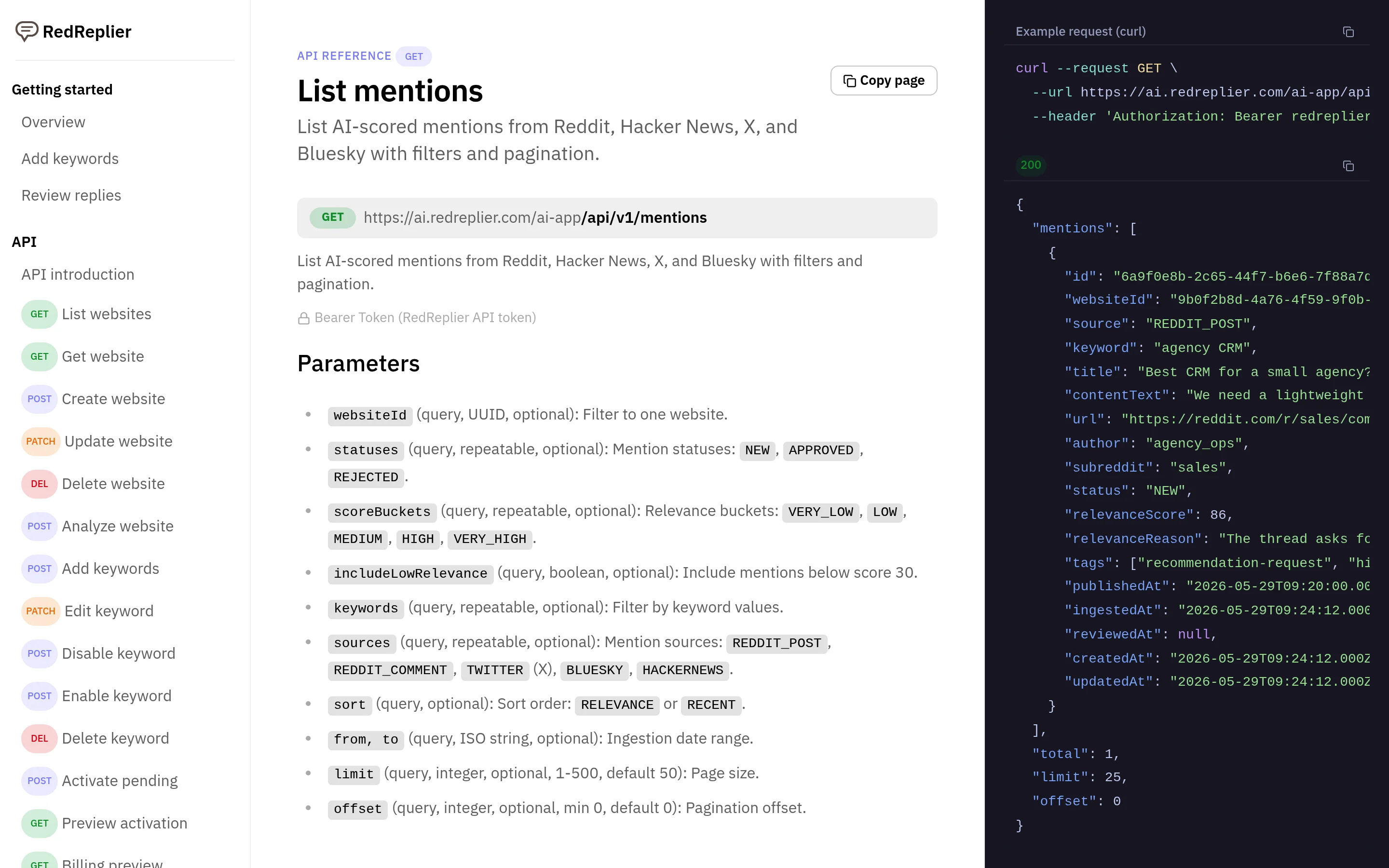Documentação da API da RedReplier para o endpoint que lista menções