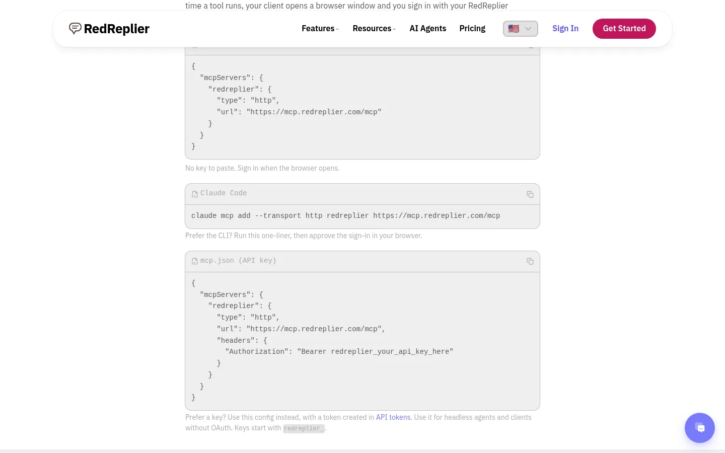 Die RedReplier-Agenten-Setup-Seite mit dem mcp.json-Konfigurationsblock, dem Claude-Code-Einzeiler und der API-Key-Konfiguration mit dem Präfix redreplier_.