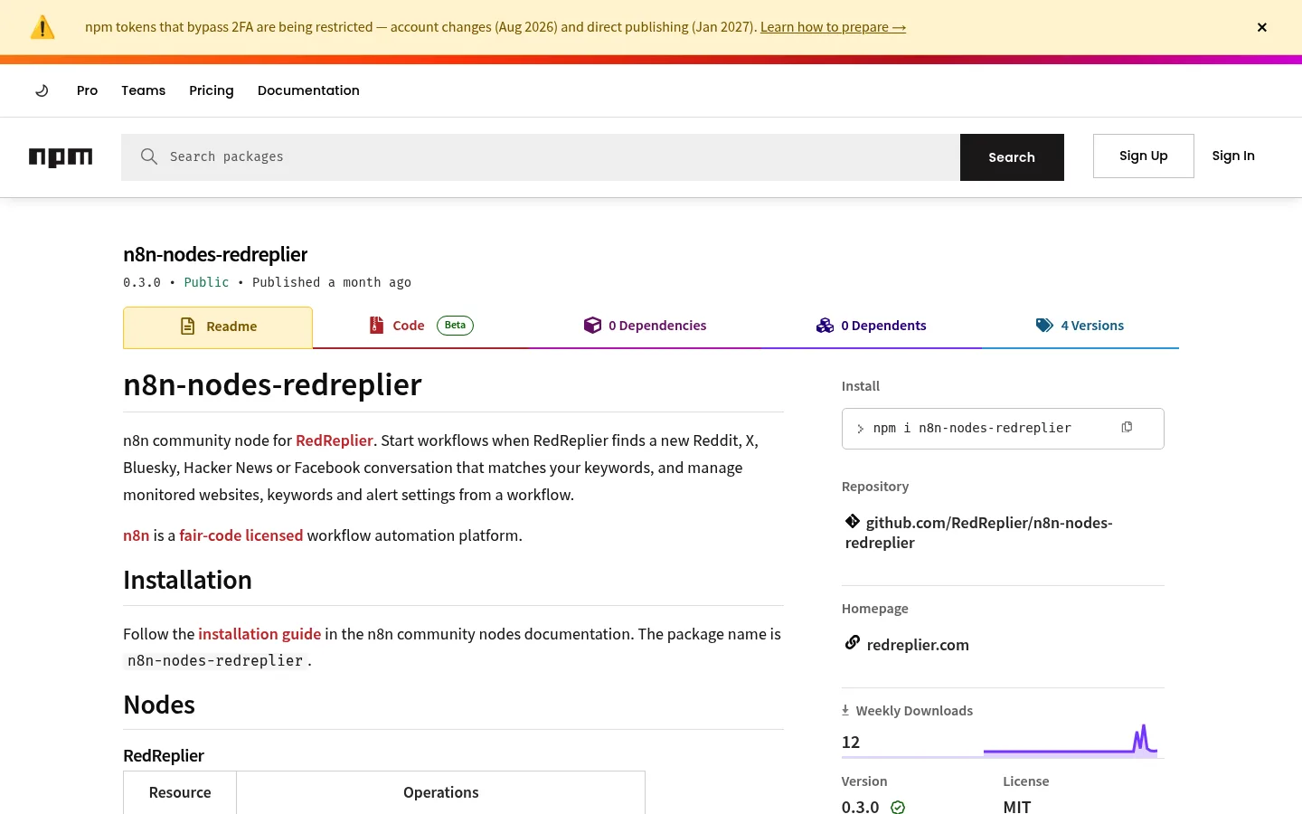 Der Community-Node n8n-nodes-redreplier auf npm mit seinem Installationsbefehl