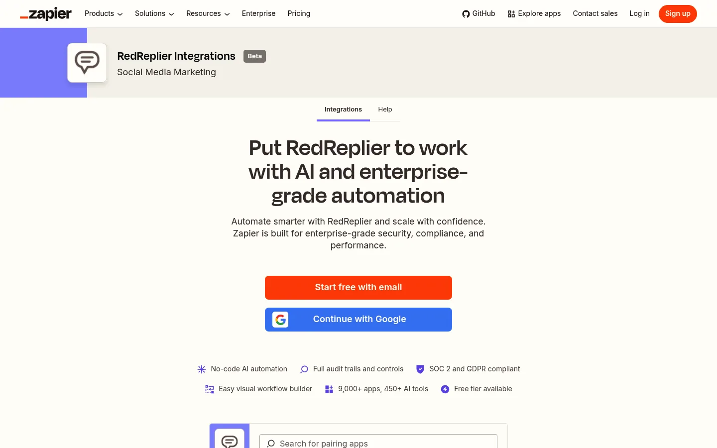 The RedReplier integrations page on Zapier, where a Zap with RedReplier starts