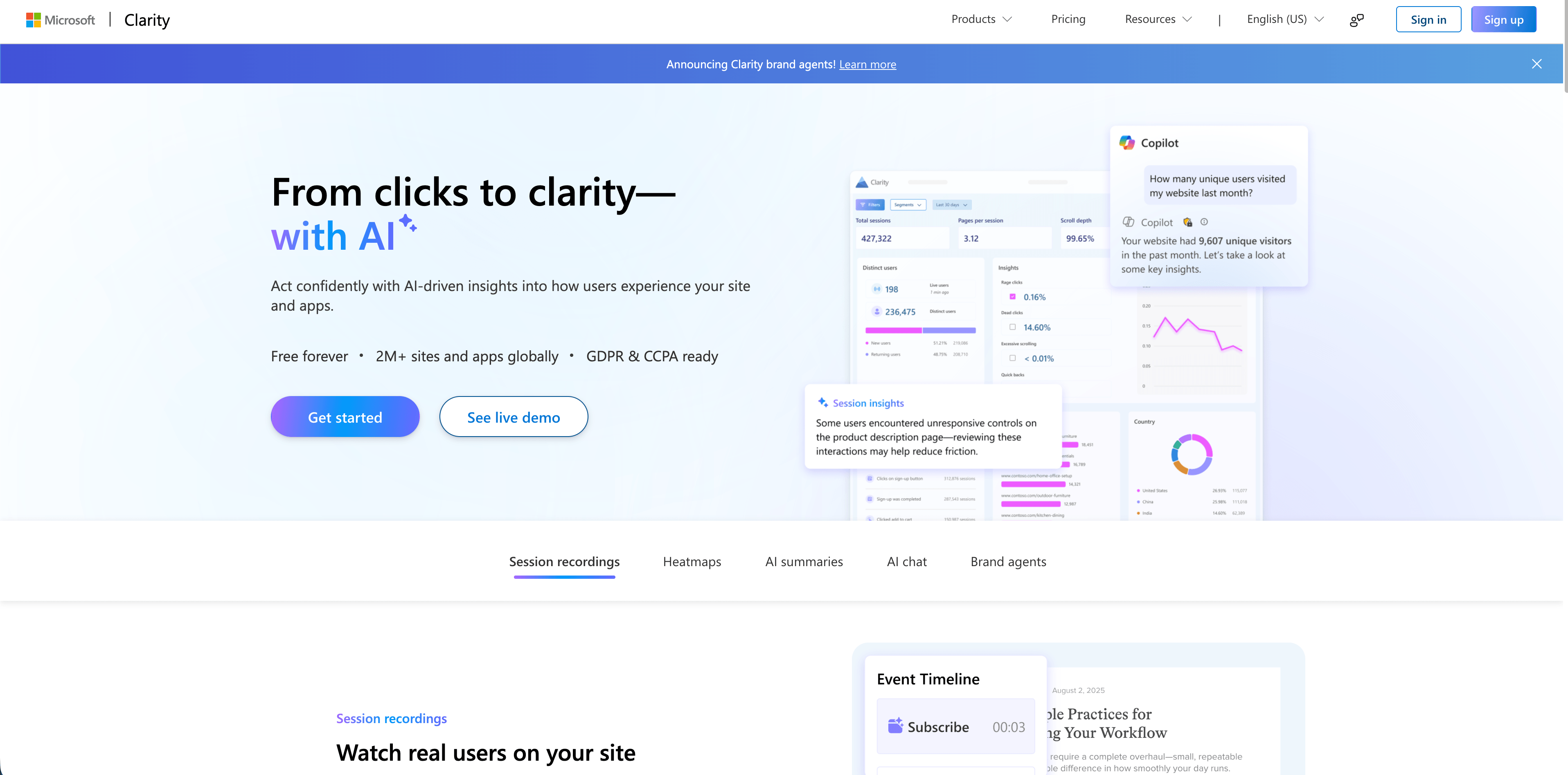 Dashboard de Microsoft Clarity mostrando recordings, heatmaps y behavior insights