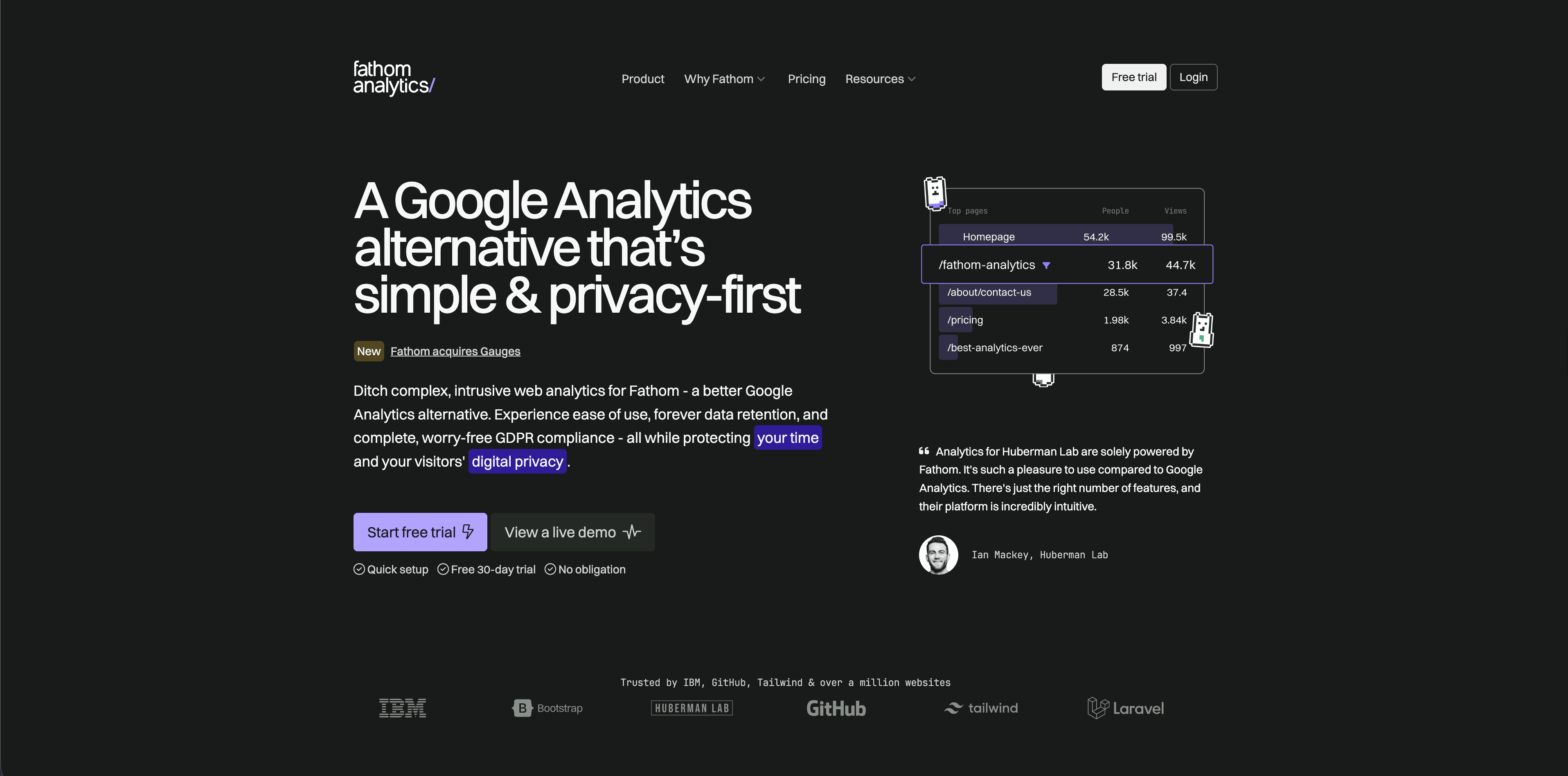 Dashboard do Fathom mostrando website analytics com foco em privacidade