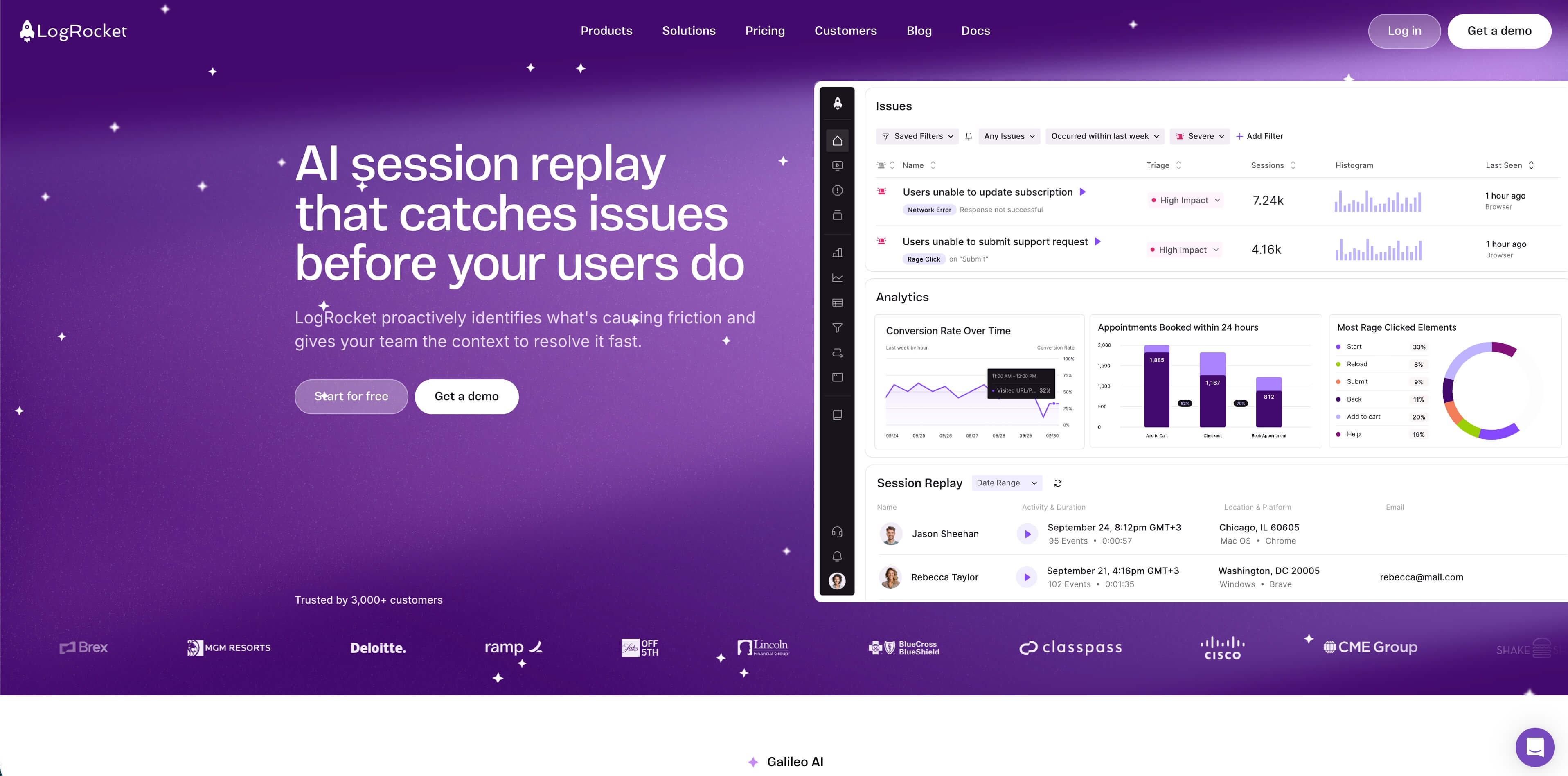 Dashboard de LogRocket mostrando session replay, detalles de error, console logs y product analytics