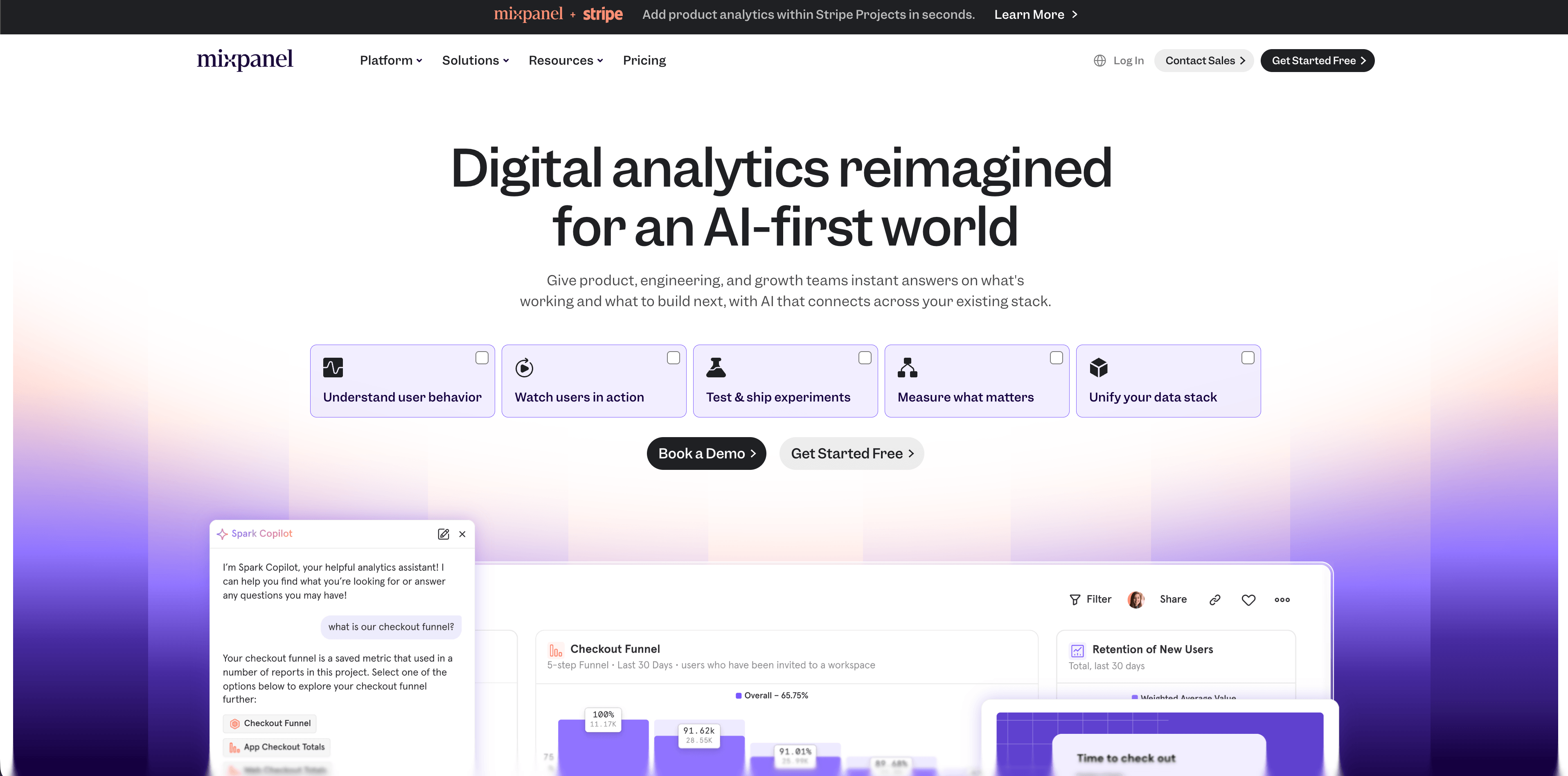 Dashboard do Mixpanel mostrando relatorios de product analytics