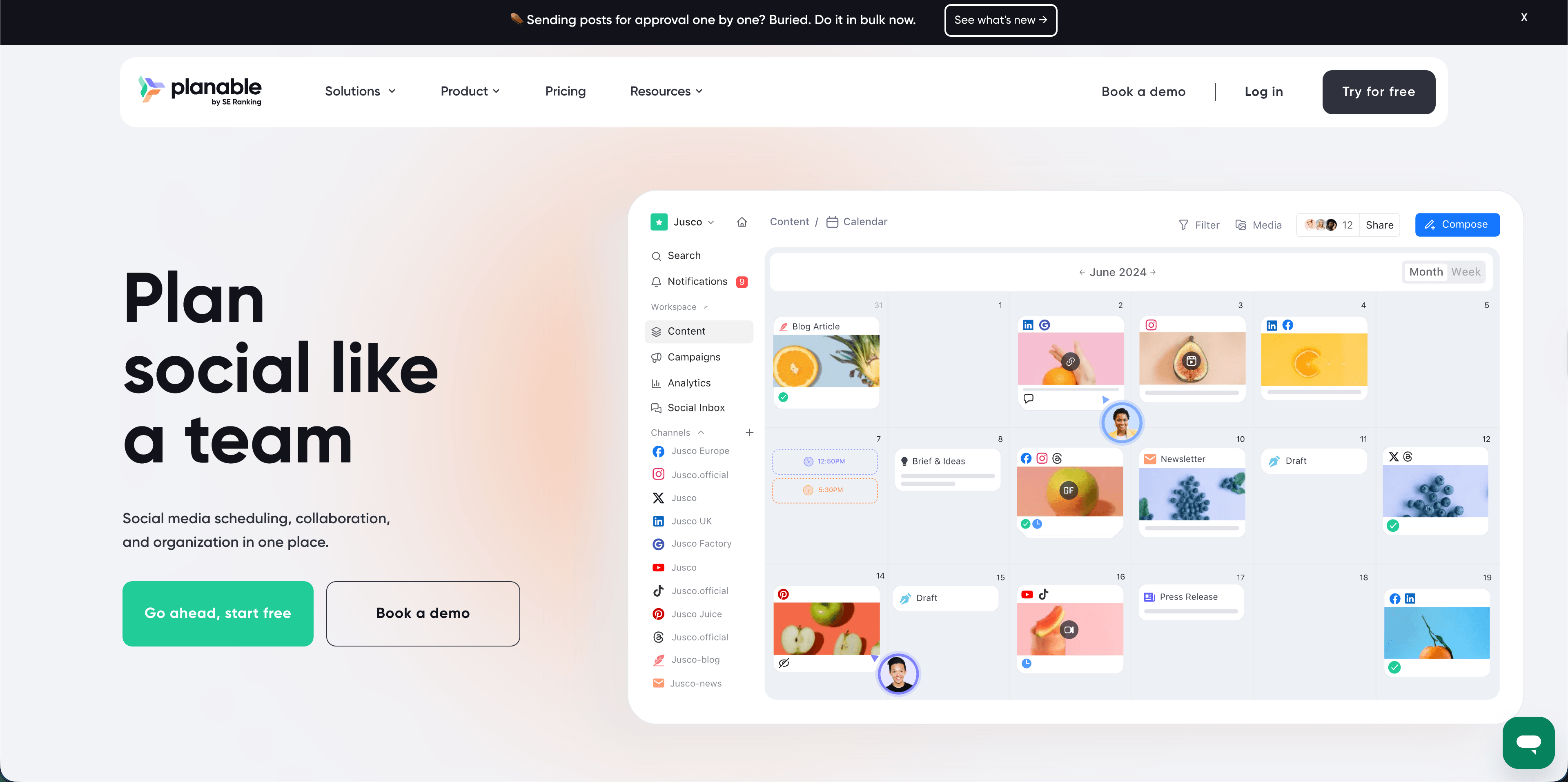 Panel planable que muestra flujos de trabajo de aprobación para contenido social
