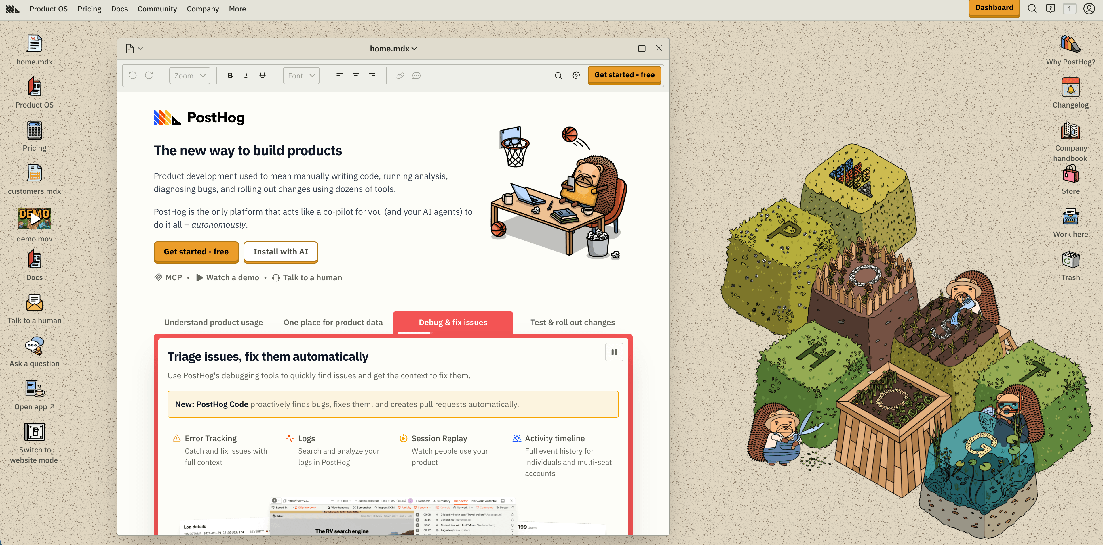 Dashboard do PostHog mostrando product analytics, web analytics e eventos
