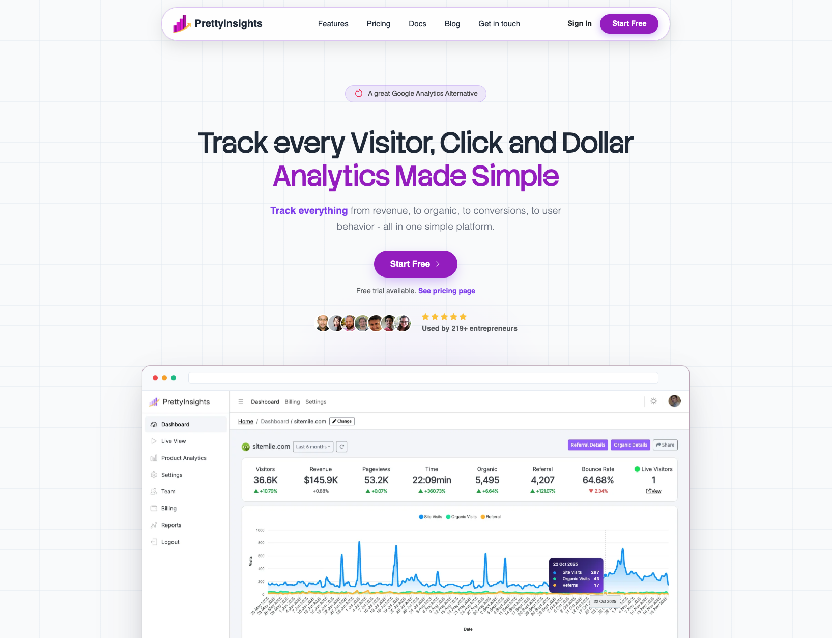 PrettyInsights dashboard showing visitors, revenue, pageviews, organic and referral traffic, bounce rate, and live visitors for a site