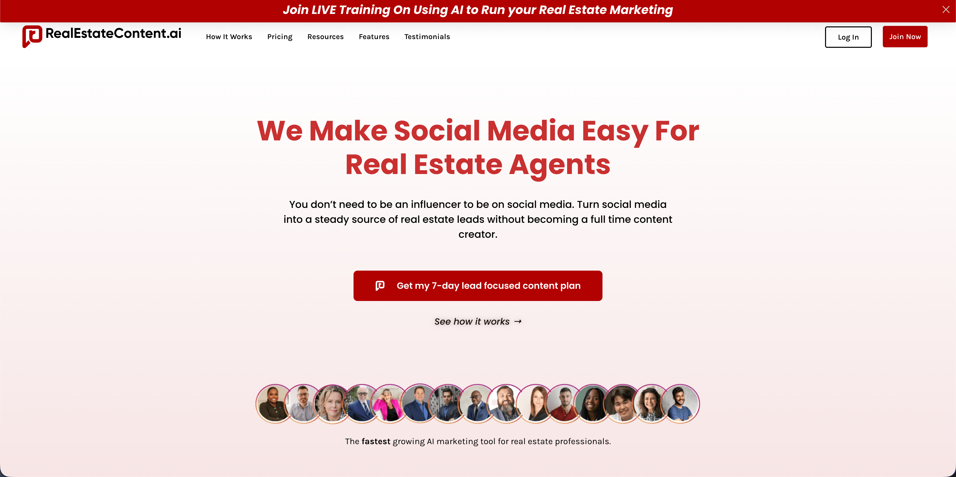 RealEstateContent.ai Dashboard mit Immobilienvorlagen, Persona-Einstellungen, Listing-URL-Post und Kalender