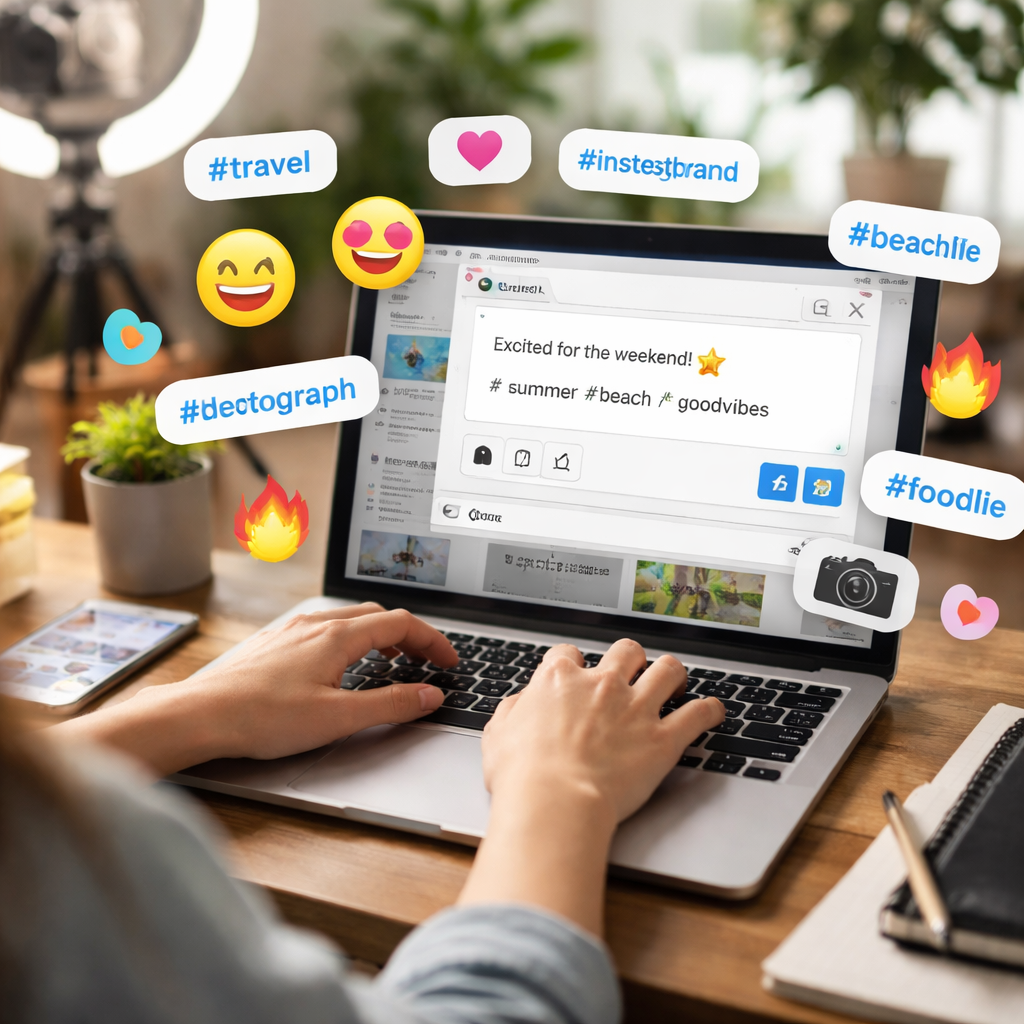 Créateur préparant des captions et lots de hashtags pour des posts Instagram programmés