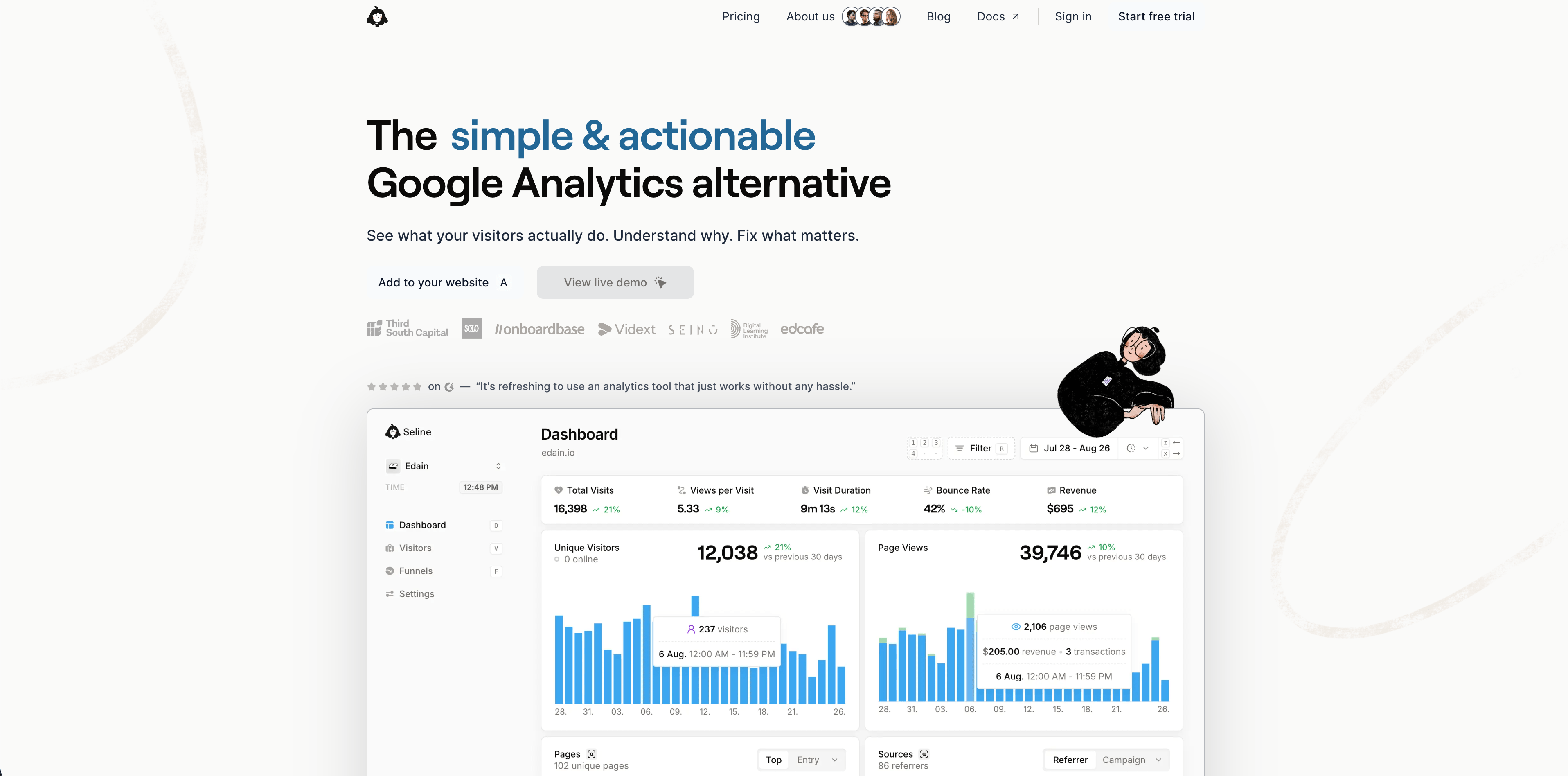 Dashboard do Seline mostrando analytics simples, perfis, jornadas e receita