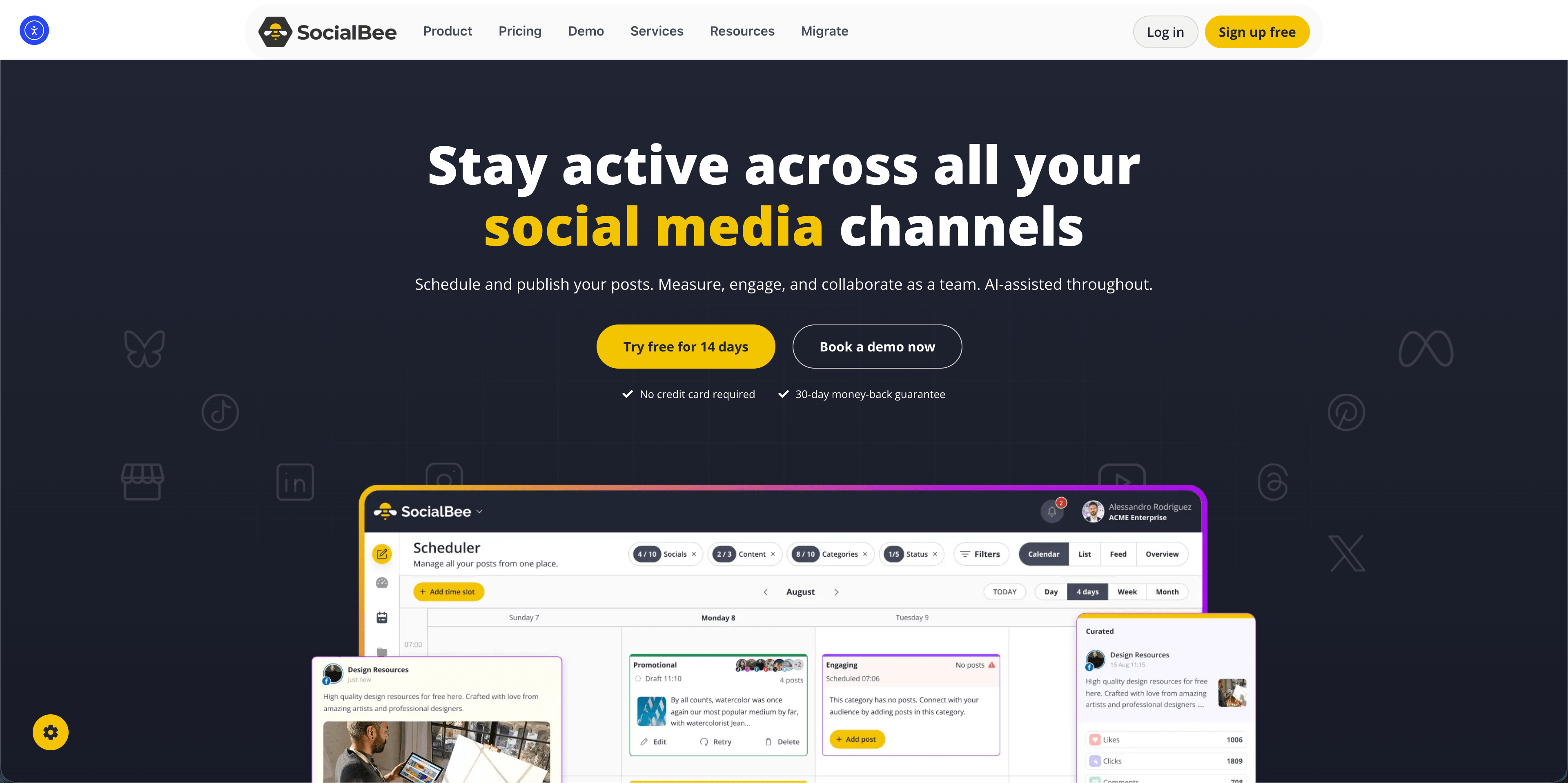 Panel de SocialBee que muestra categorías de contenido de plomería imperecederas