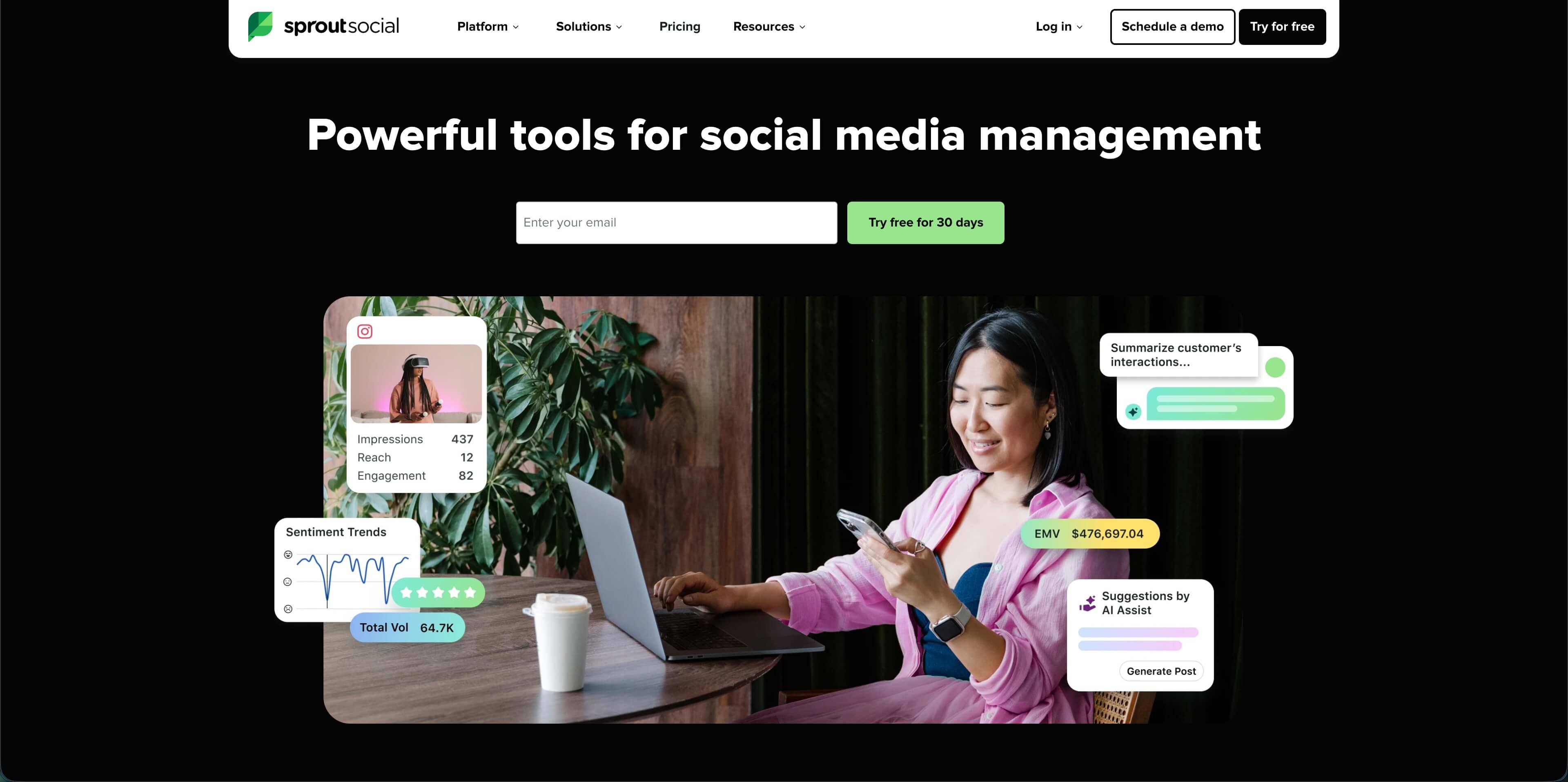 Panel de Sprout Social que muestra la bandeja de entrada, informes y publicaciones de plomería programadas